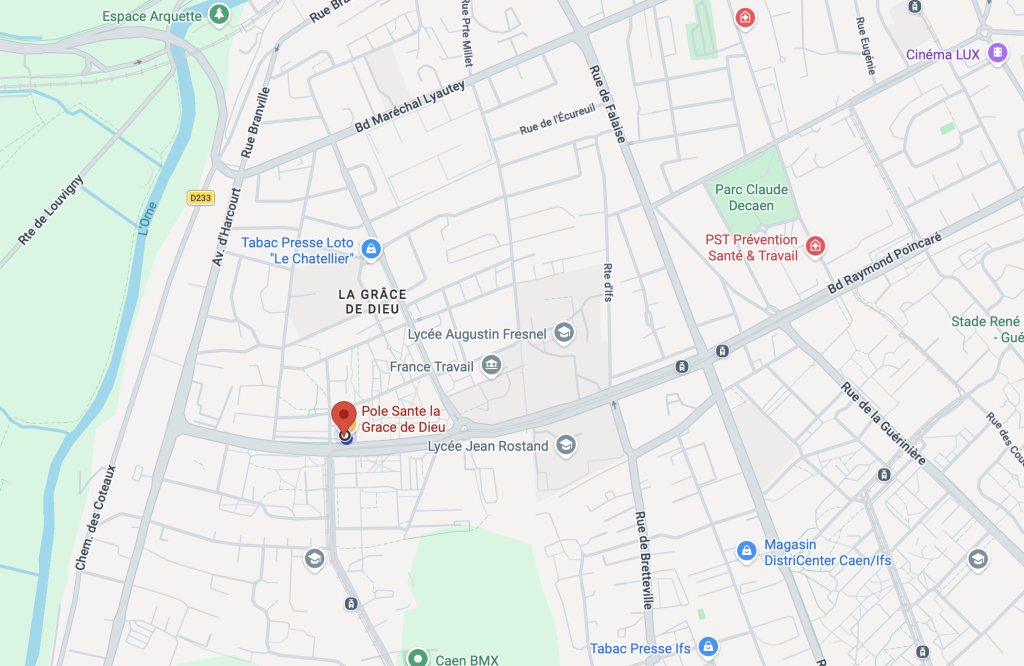 Plan Google Maps localisant le Pôle Santé la Grâce de Dieu, entre le lycée Jean Rostand et le lycée Augustin Fresnel