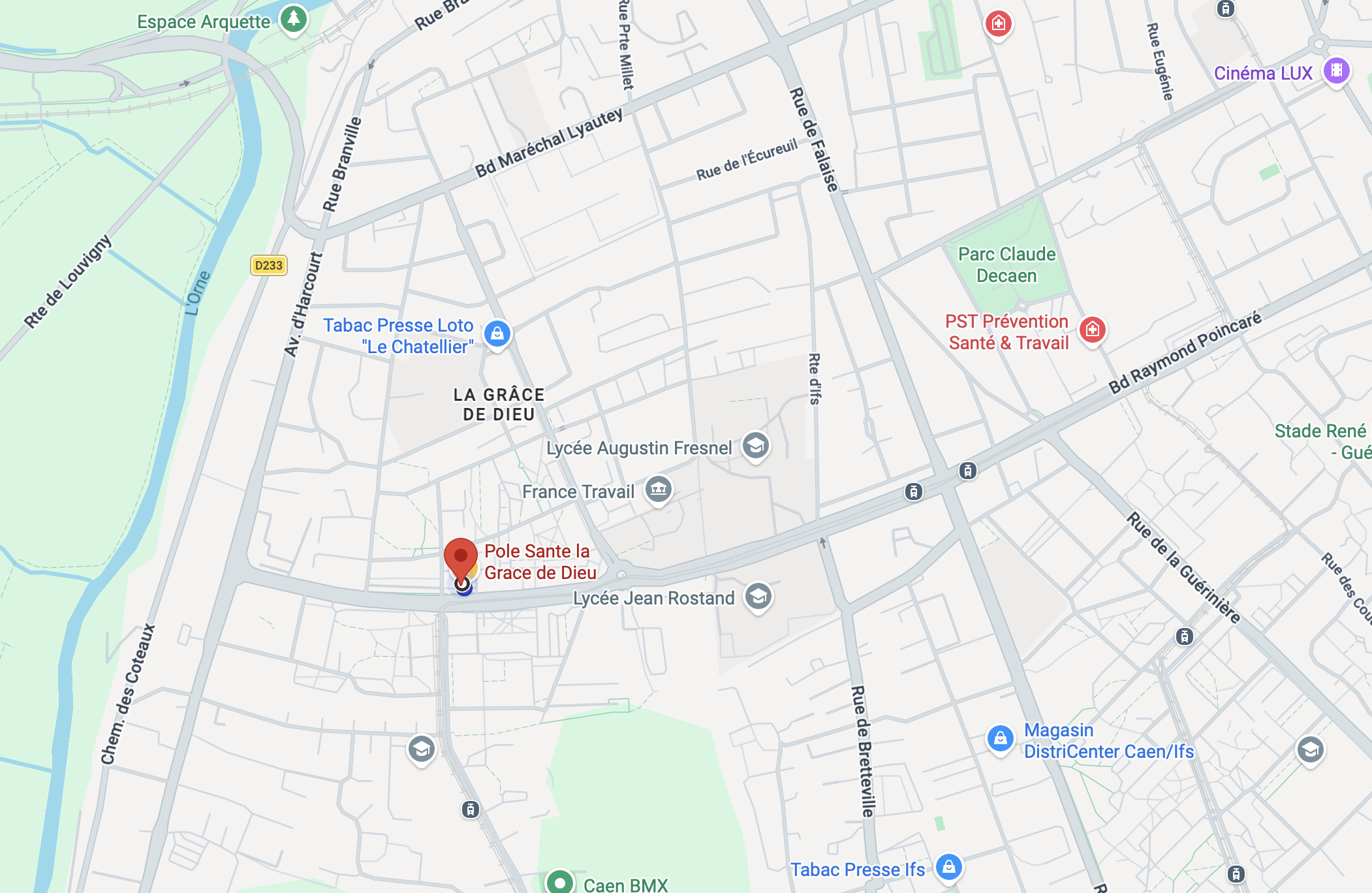 Plan Google Maps localisant le Pôle Santé la Grâce de Dieu, entre le lycée Jean Rostand et le lycée Augustin Fresnel